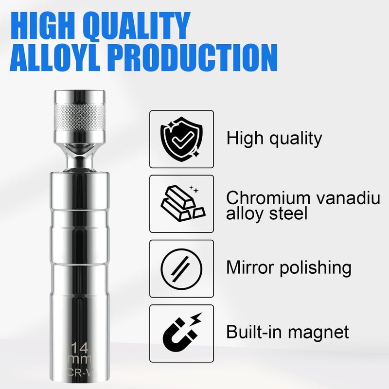 BJSIA 14mm Swivel Magnetic Spark Plug Socket Set, 3/8 Inch Drive Thin Wall Socket, 12-Point Design Compatible with Most Cars, Mirror Short - Image 4